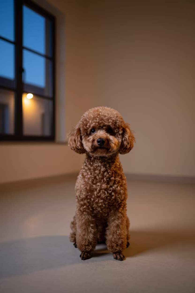 Teacup Poodle Portrait in Heraklion Studio Light in in a quiet portrait studio with a plain backdrop and eye-level framing in Heraklion