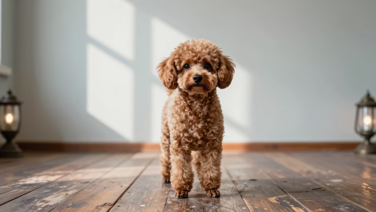 Teacup Poodle Portrait in Herat Studio in in a quiet portrait studio with a plain backdrop and eye-level framing in Herat