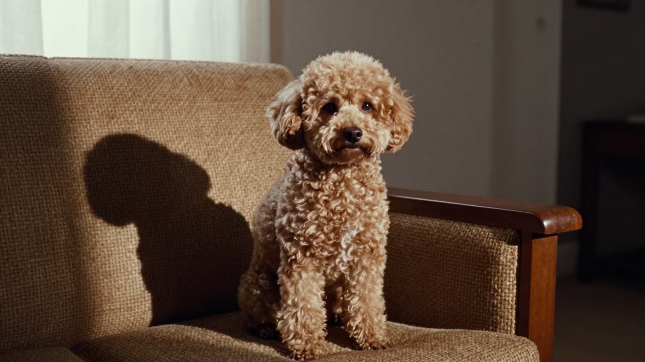 Teacup Poodle Portrait in Huánuco Monsoon Light in on a sofa near a curtained window with calm indoor light in Huánuco
