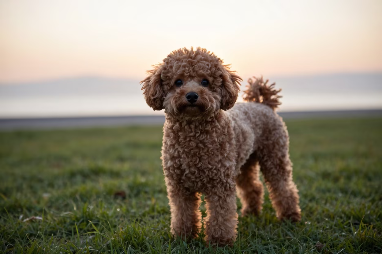 Teacup Poodle Portrait in Izmit Evening Light in in a small yard with clipped grass, calm light, and the animal centered in frame near İzmit