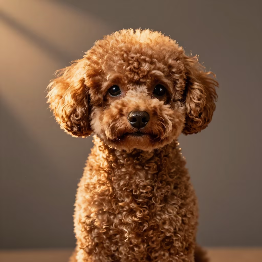 Teacup Poodle Portrait in Kaohsiung Amber Light in in a quiet portrait studio with a plain backdrop and eye-level framing in Kaohsiung