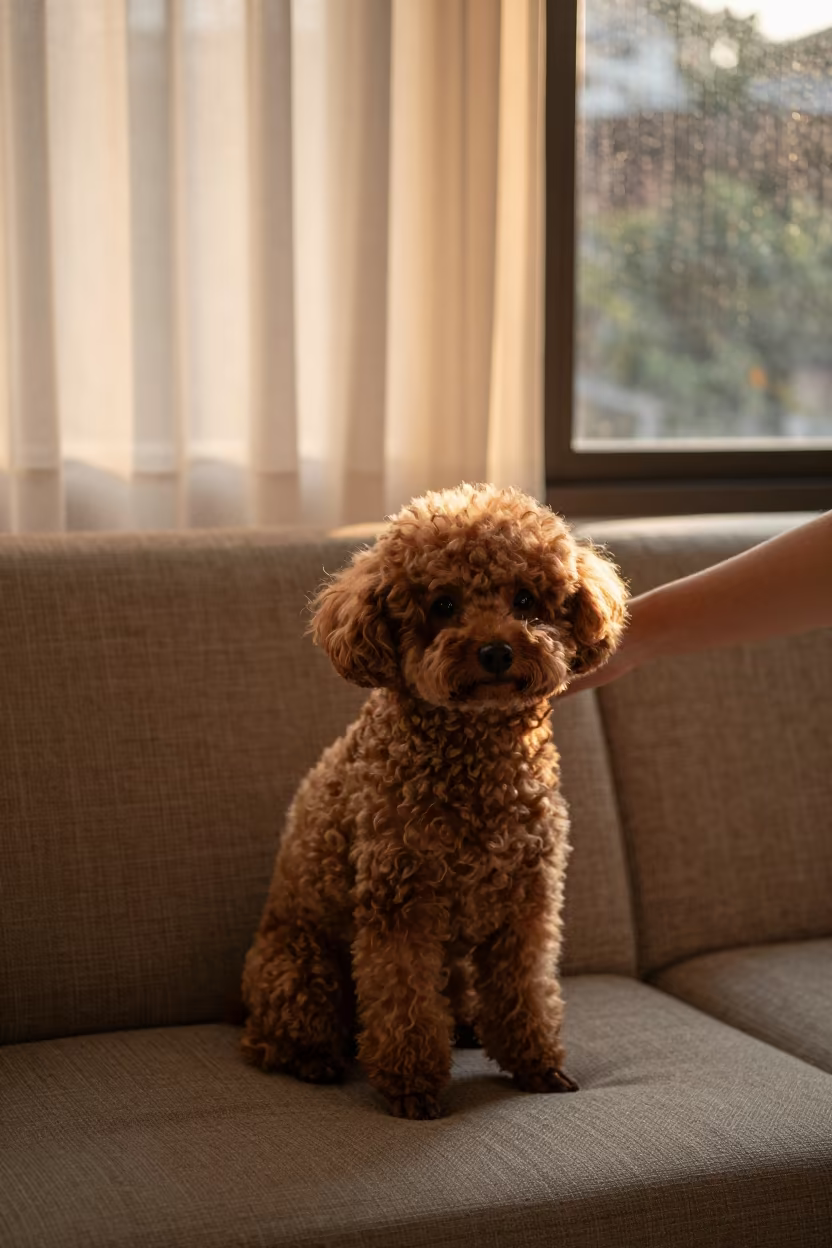 Teacup Poodle Portrait in Kaohsiung Living Room in on a sofa near a curtained window with calm indoor light near Kaohsiung