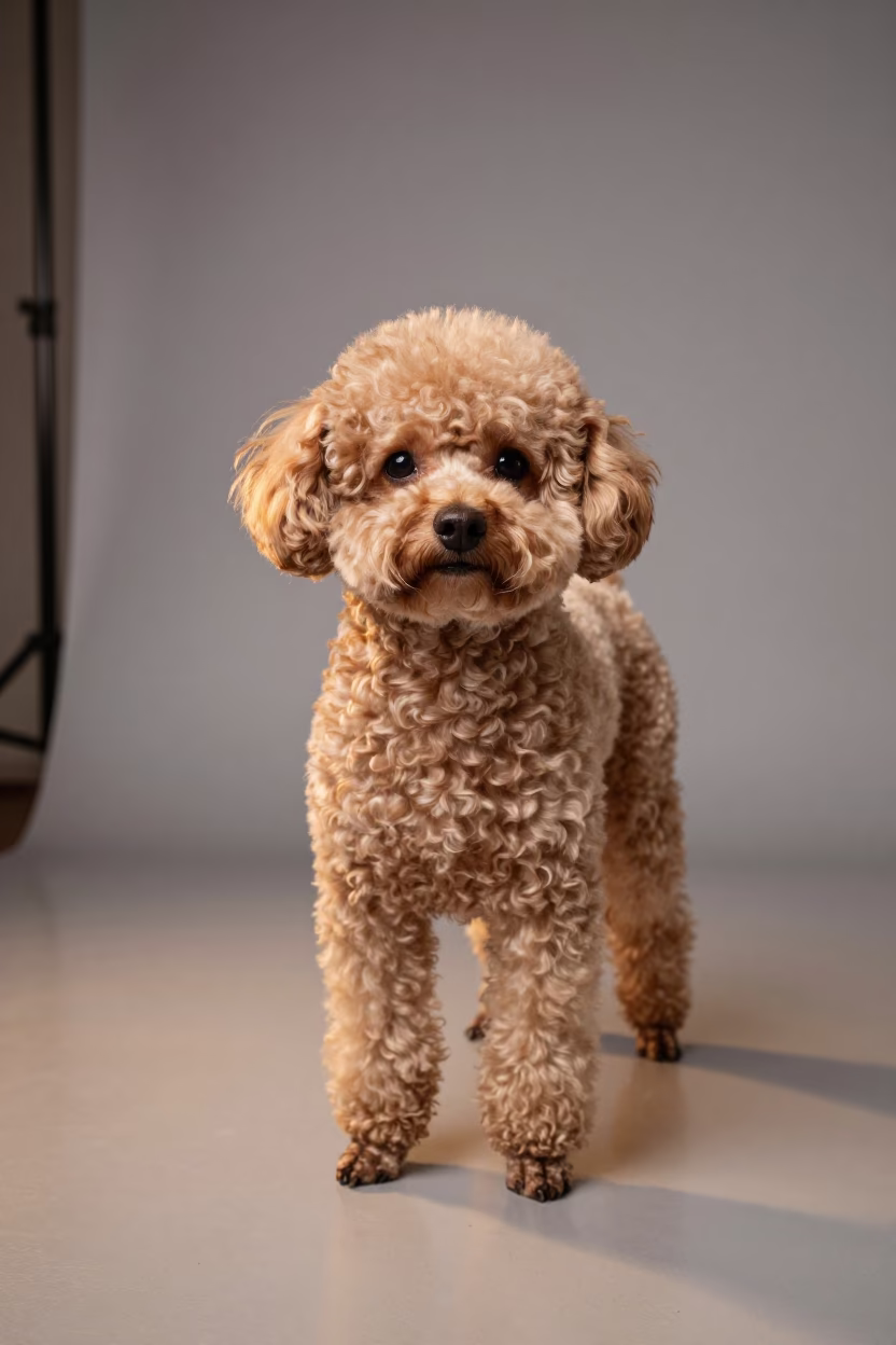 Teacup Poodle Portrait in Kaolack Studio Light in in a quiet portrait studio with a plain backdrop and eye-level framing near Kaolack