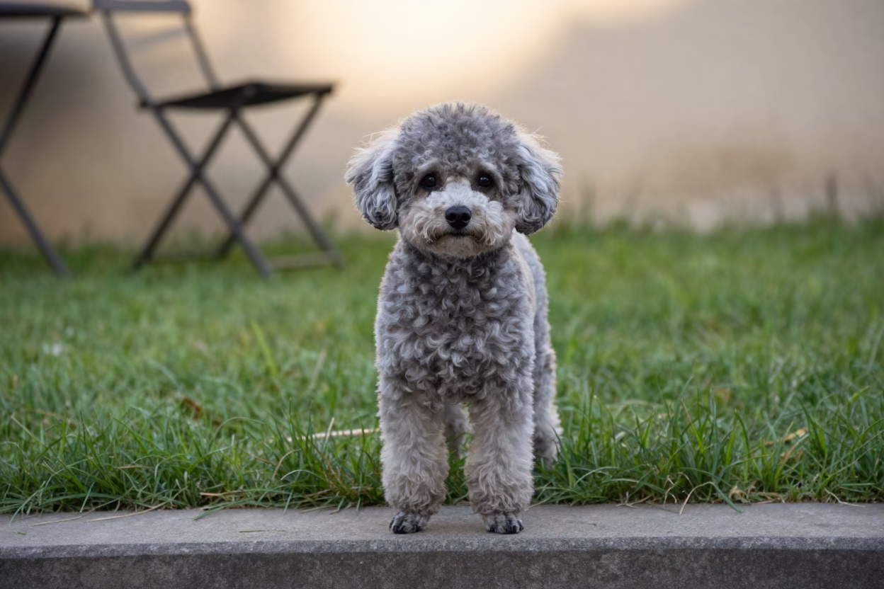 Teacup Poodle Portrait in Katsina Yard in in a small yard with clipped grass, calm light, and the animal centered in frame near Katsina