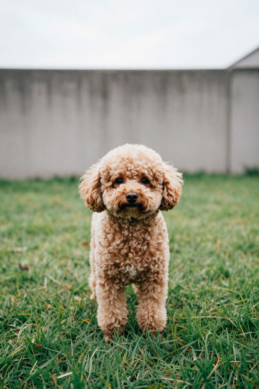 Teacup Poodle Portrait in Keelung Yard in in a small yard with clipped grass, calm light, and the animal centered in frame in Keelung