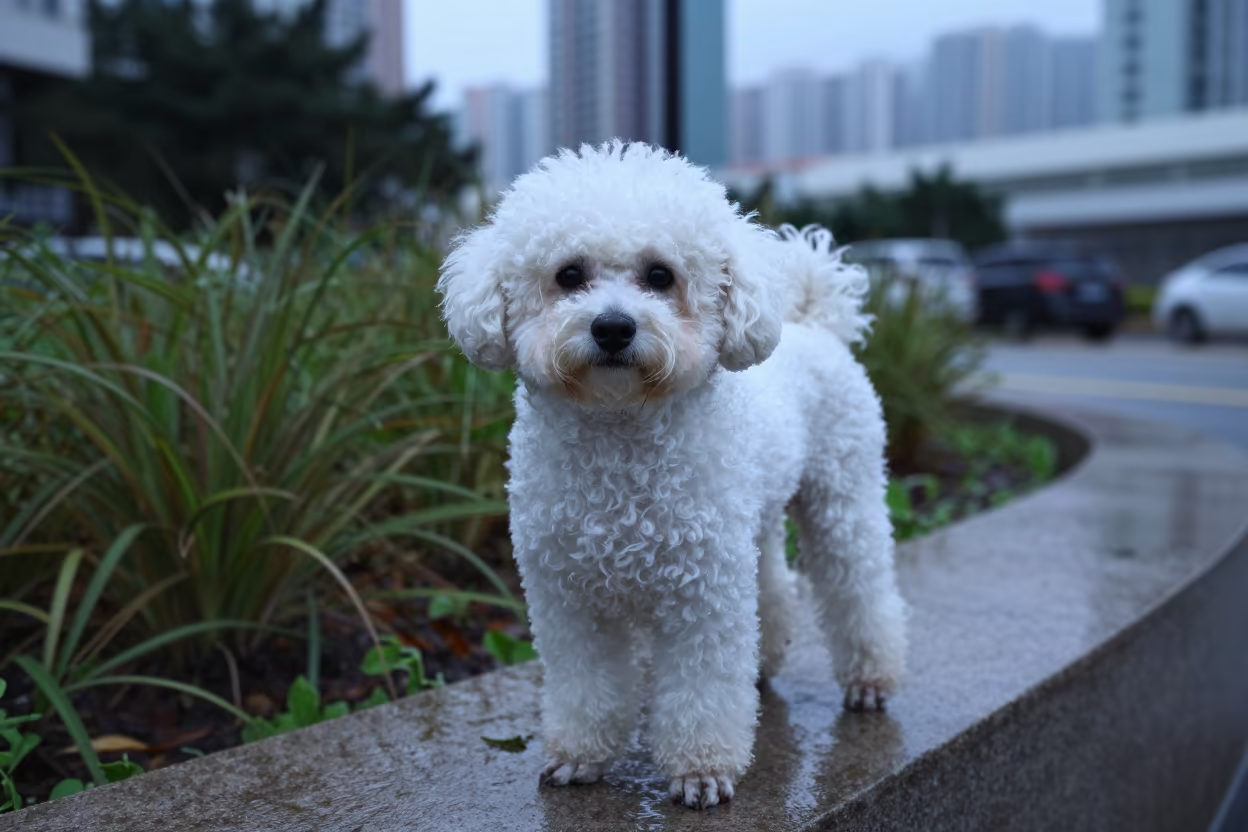 Teacup Poodle Portrait in Kowloon Morning Rain in near a garden edge with soft morning light and an uncluttered background in Kowloon City, Hong Kong