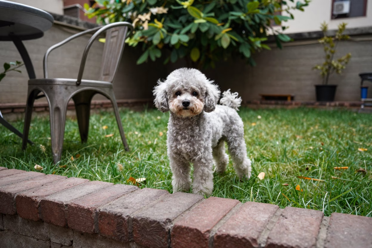 Teacup Poodle Portrait in Lahore Yard in in a small yard with clipped grass, calm light, and the animal centered in frame in Lahore