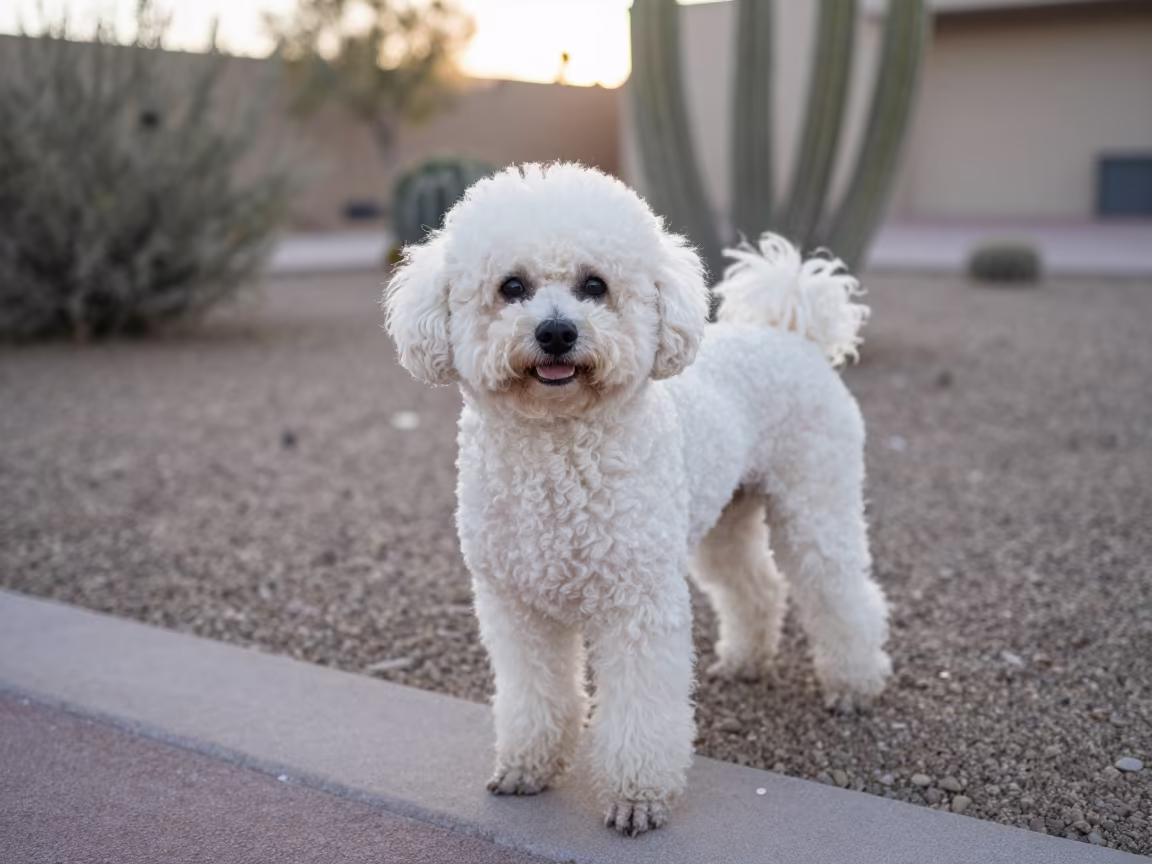 Teacup Poodle Portrait in Las Vegas Garden Morning Light in near a garden edge with soft morning light and an uncluttered background near Las Vegas
