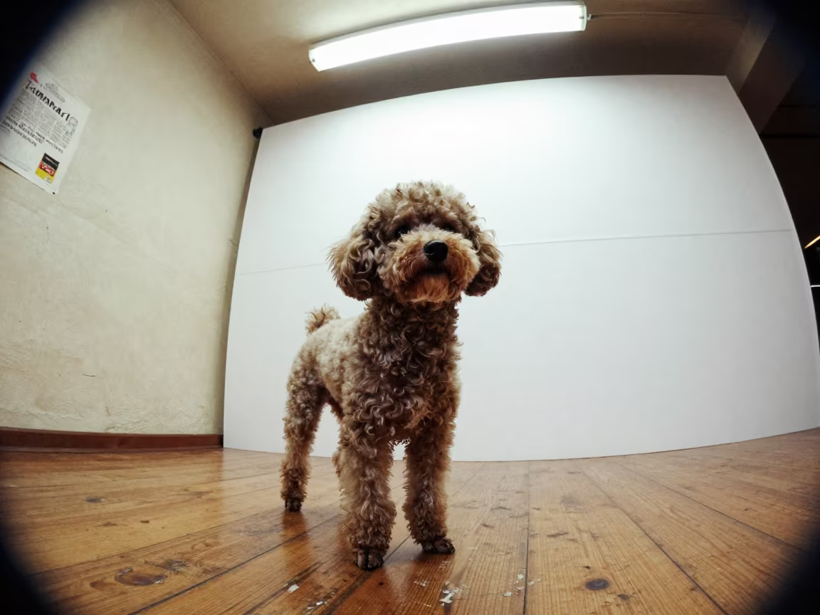 Teacup Poodle Portrait in Late Summer Studio Light in in a quiet portrait studio with a plain backdrop and eye-level framing near Mendoza