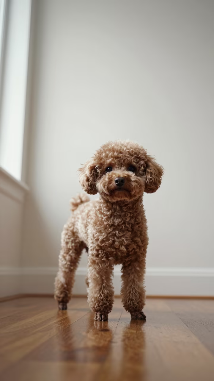 Teacup Poodle Portrait in Leslieville North Light in beside a plain plaster wall in soft indoor light with the animal centered in frame in Leslieville, Toronto