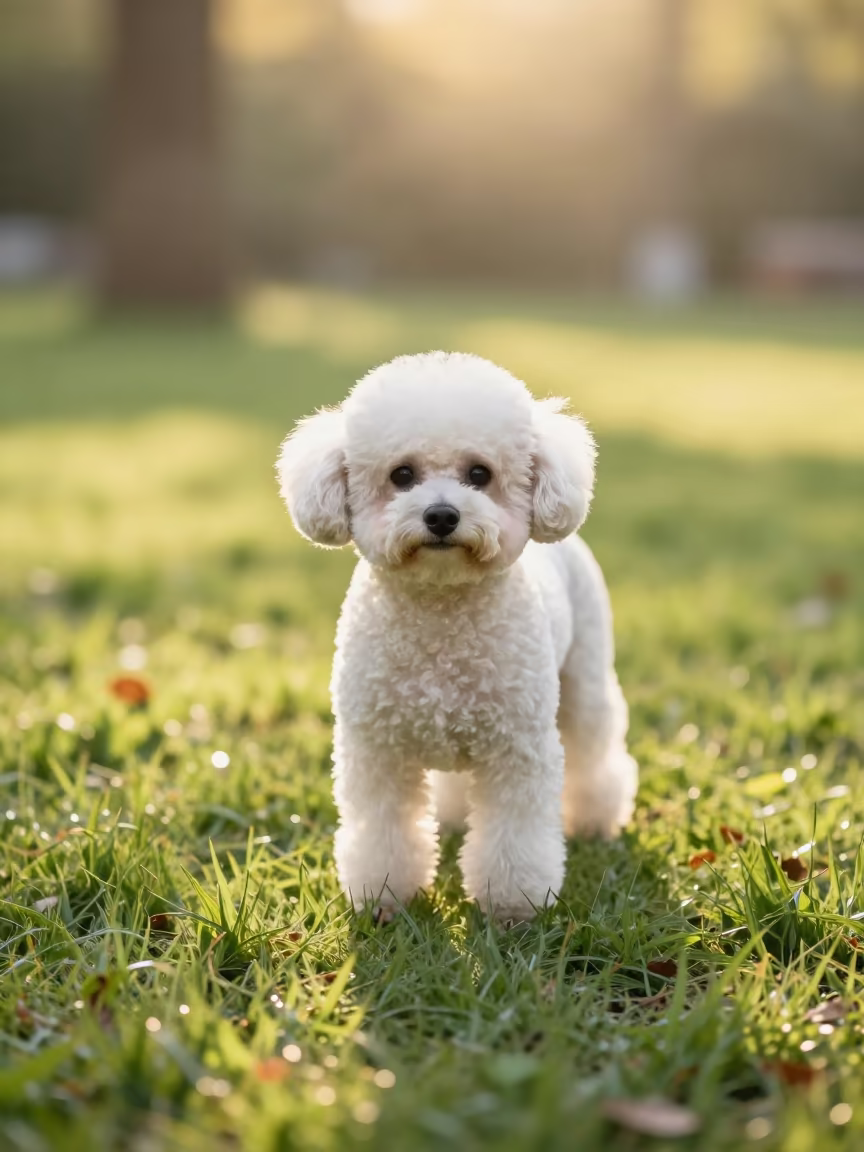Teacup Poodle Portrait in Maracay Yard in in a small yard with clipped grass, calm light, and the animal centered in frame in Maracay