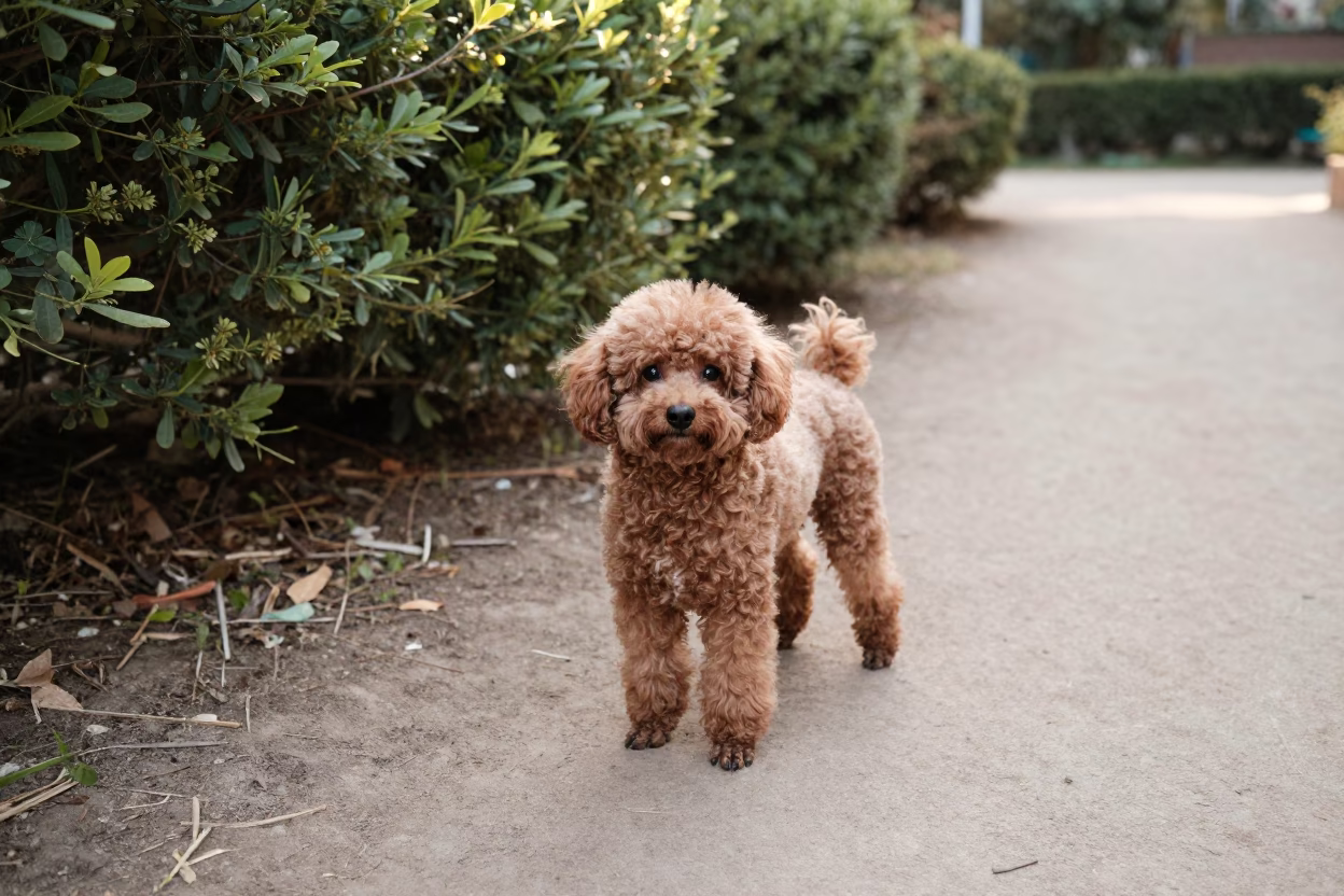 Teacup Poodle Portrait in Moroccan Garden Morning Light in near a garden edge with soft morning light and an uncluttered background near Taza
