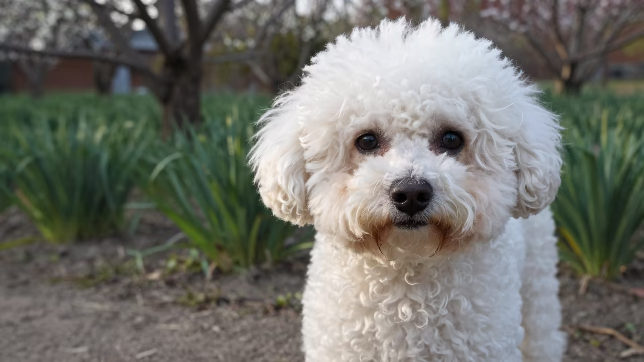 Teacup Poodle Portrait in Nador Garden Light in near a garden edge with soft morning light and an uncluttered background in Nador