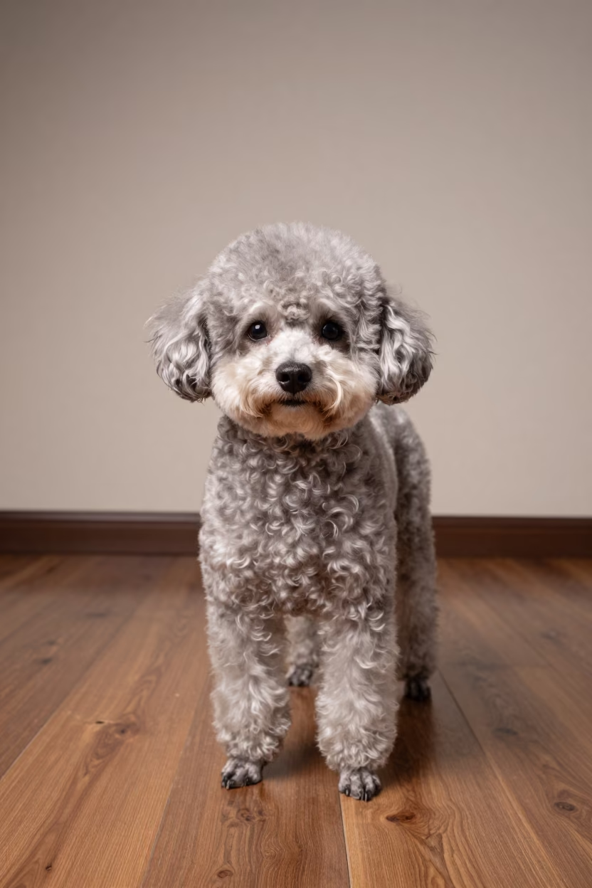 Teacup Poodle Portrait in Nanjing Studio in in a quiet portrait studio with a plain backdrop and eye-level framing in Nanjing