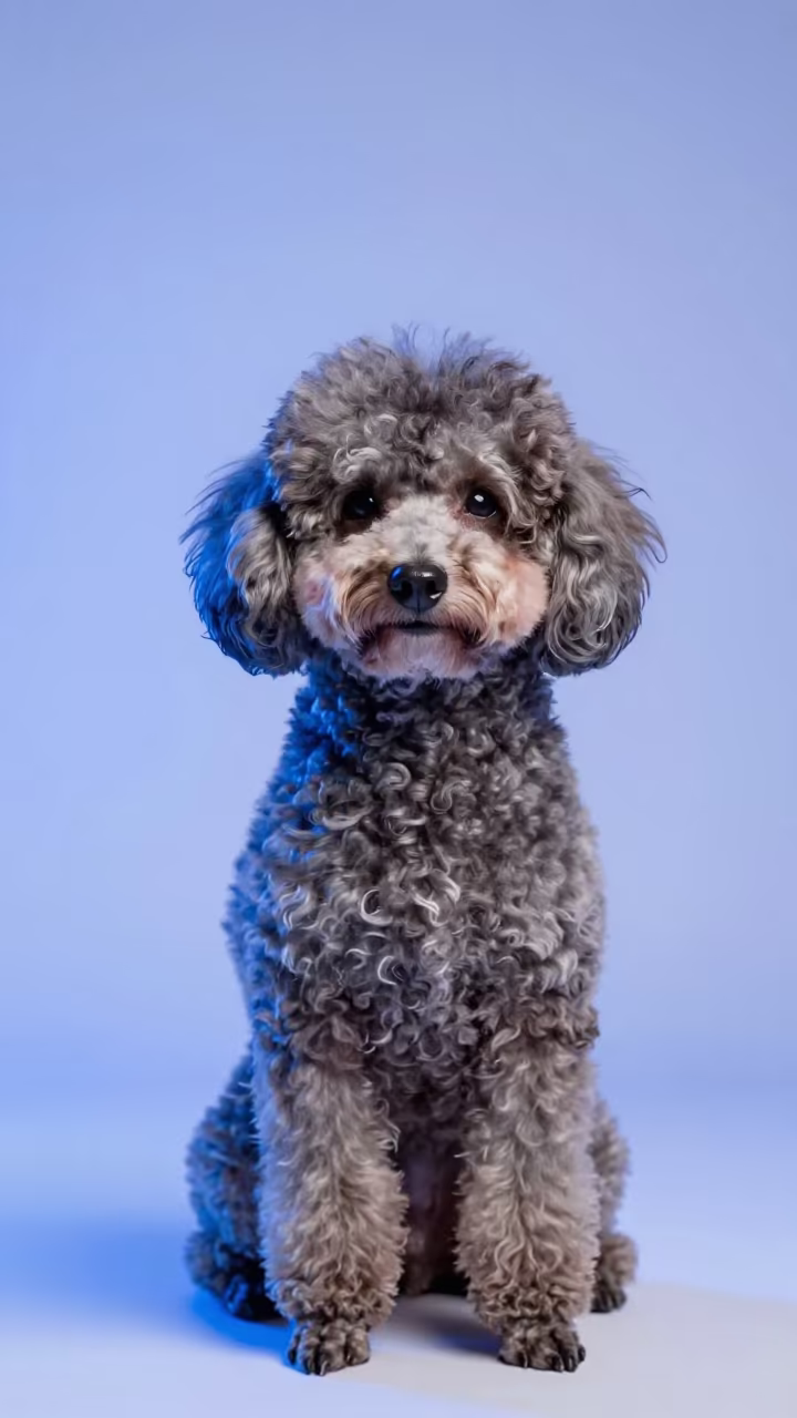 Teacup Poodle Portrait in Neon Studio Light in in a quiet portrait studio with a plain backdrop and eye-level framing in Kisumu