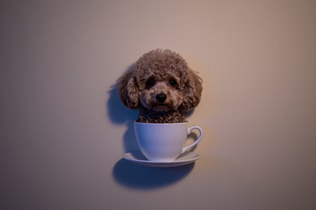 Teacup Poodle Portrait in Neon Twilight Light in beside a plain plaster wall in soft indoor light with the animal centered in frame near Kanpur