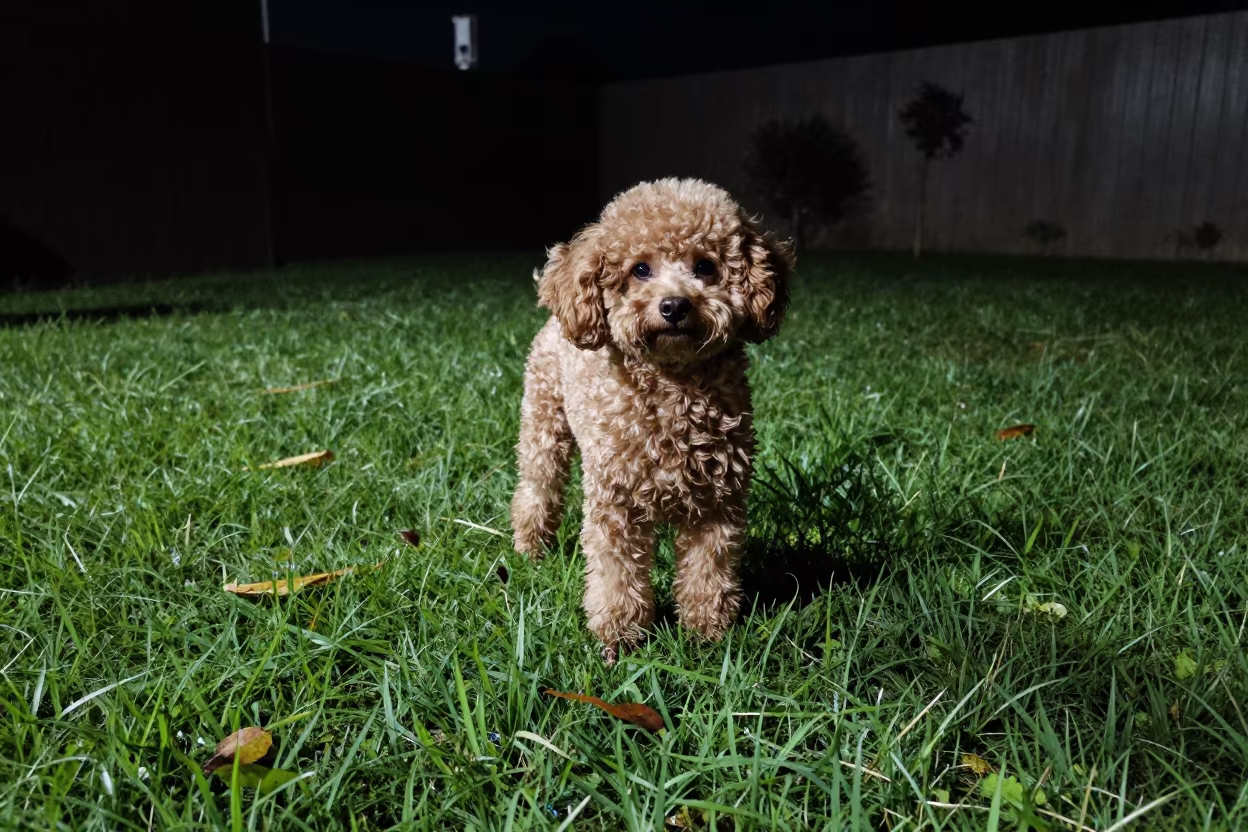 Teacup Poodle Portrait in Night Light in in a small yard with clipped grass, calm light, and the animal centered in frame near Lae