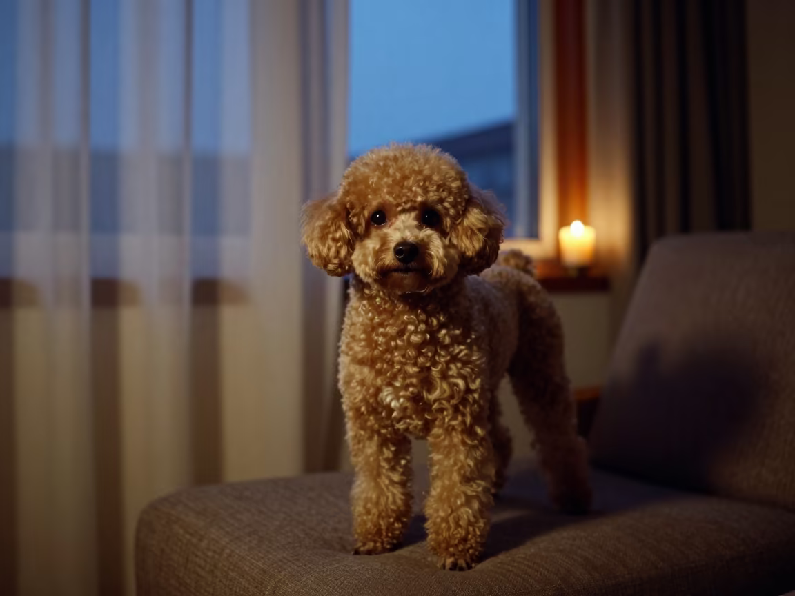 Teacup Poodle Portrait in Ningbo Living Room in on a sofa near a curtained window with calm indoor light in Ningbo
