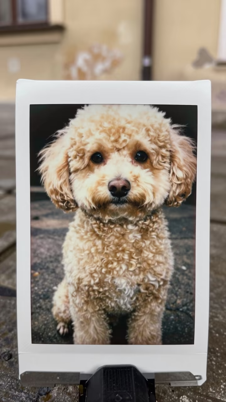 Teacup Poodle Portrait in Oradea Courtyard in beside a plain courtyard wall in clear daylight with the animal at eye level in Oradea