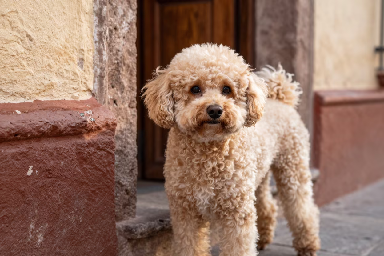 Teacup Poodle Portrait in Puebla Courtyard in beside a plain courtyard wall in clear daylight with the animal at eye level in Puebla