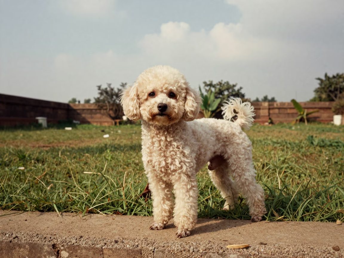 Teacup Poodle Portrait in Pune Garden in in a small yard with clipped grass, calm light, and the animal centered in frame in Pune