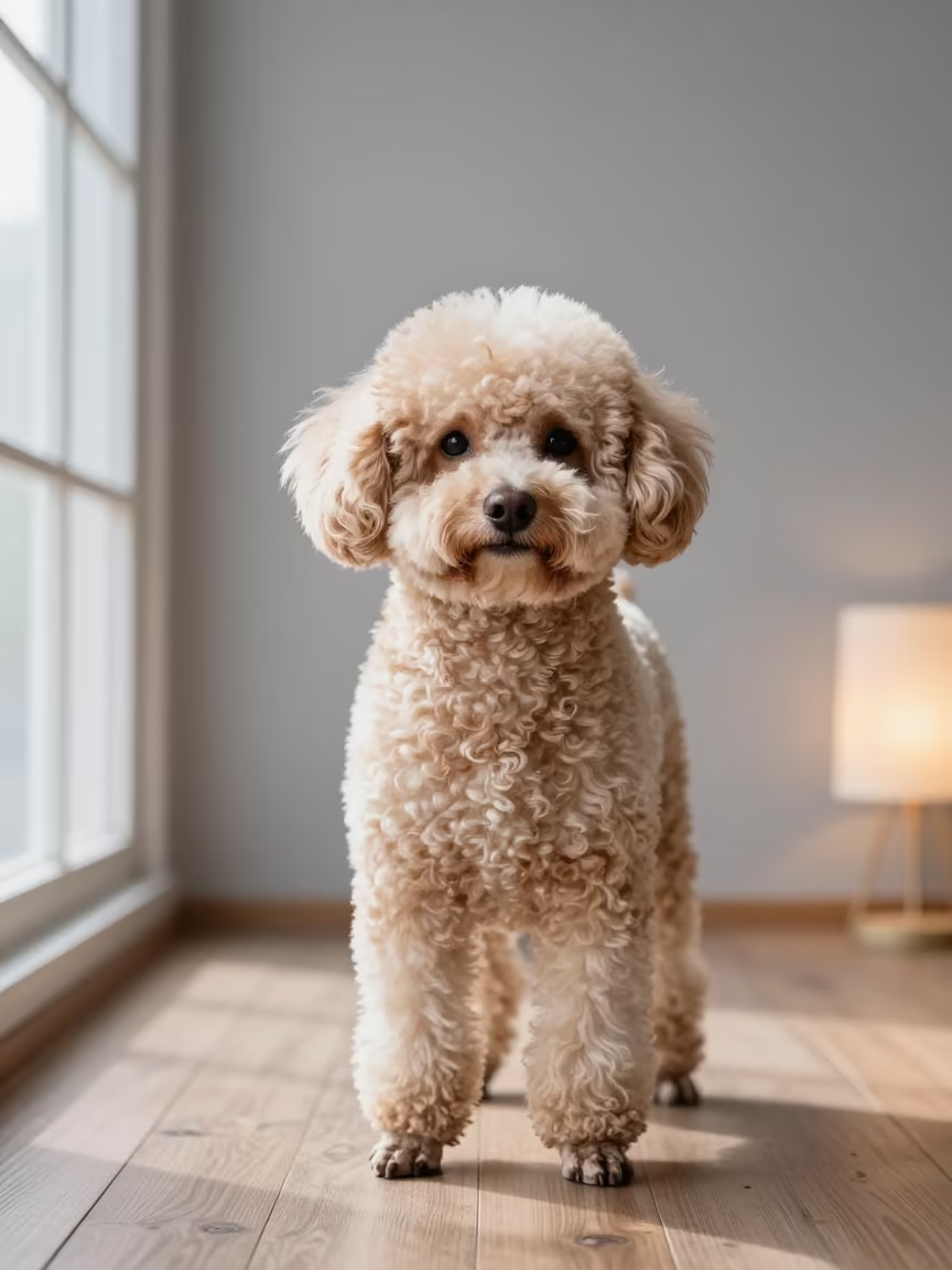 Teacup Poodle Portrait in Quiet Singida Studio in in a quiet portrait studio with a plain backdrop and eye-level framing near Singida