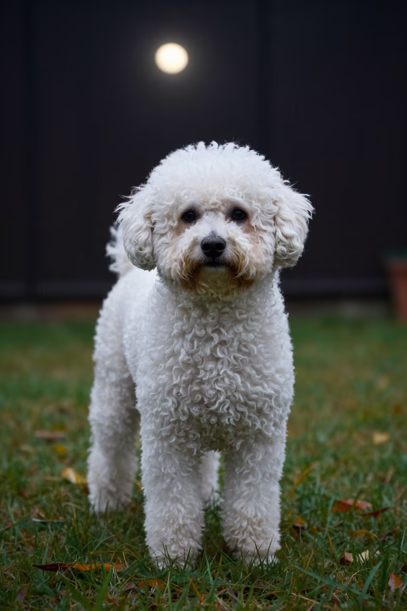 Teacup Poodle Portrait in Rainy Moonlight Prizren in in a small yard with clipped grass, calm light, and the animal centered in frame near Prizren