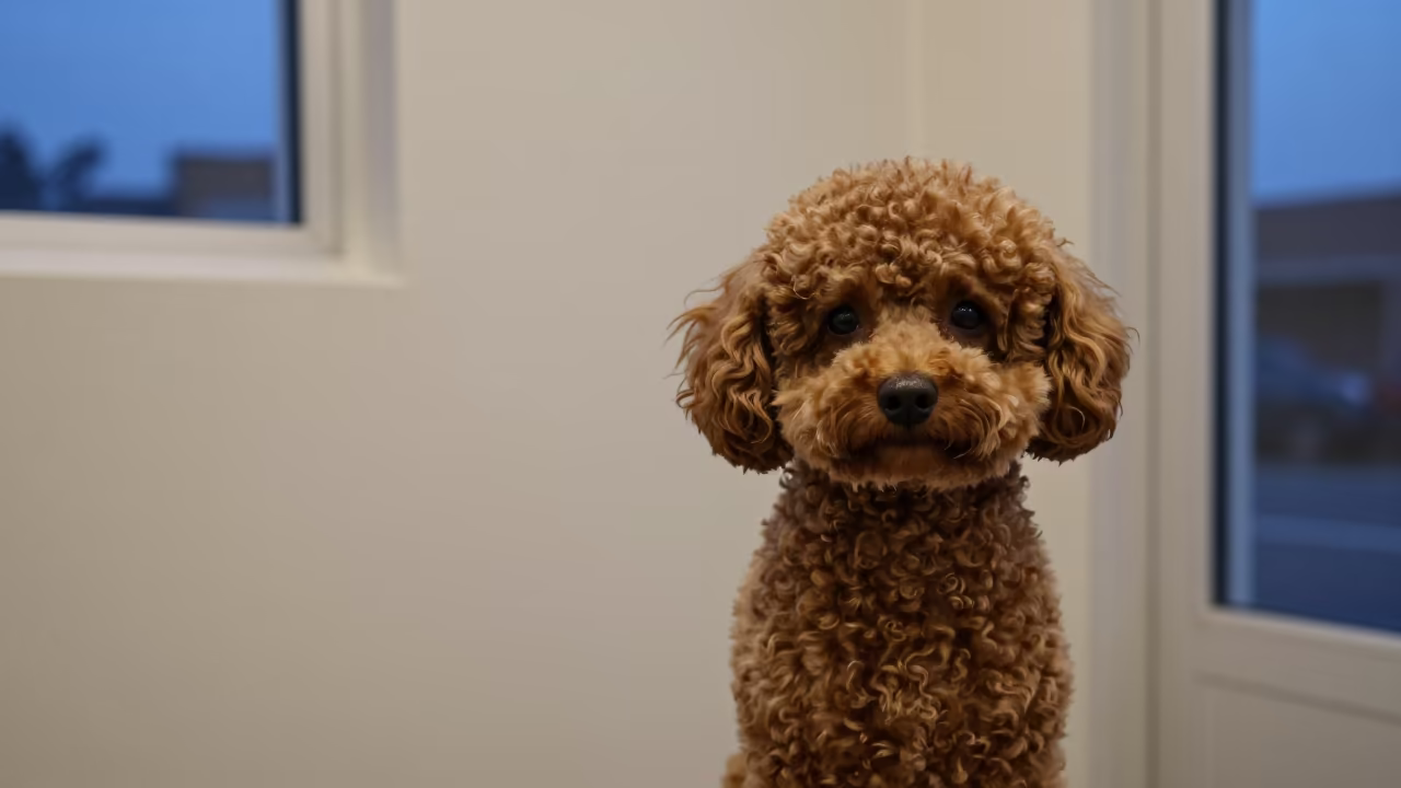 Teacup Poodle Portrait in Santa Monica Twilight in beside a plain plaster wall in soft indoor light with the animal centered in frame in Santa Monica, Los Angeles