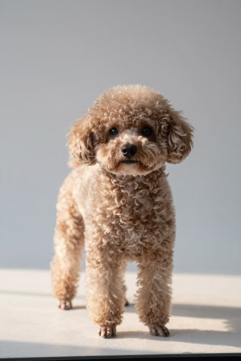 Teacup Poodle Portrait in Seoul Studio Dawn Light in in a quiet portrait studio with a plain backdrop and eye-level framing in Seoul