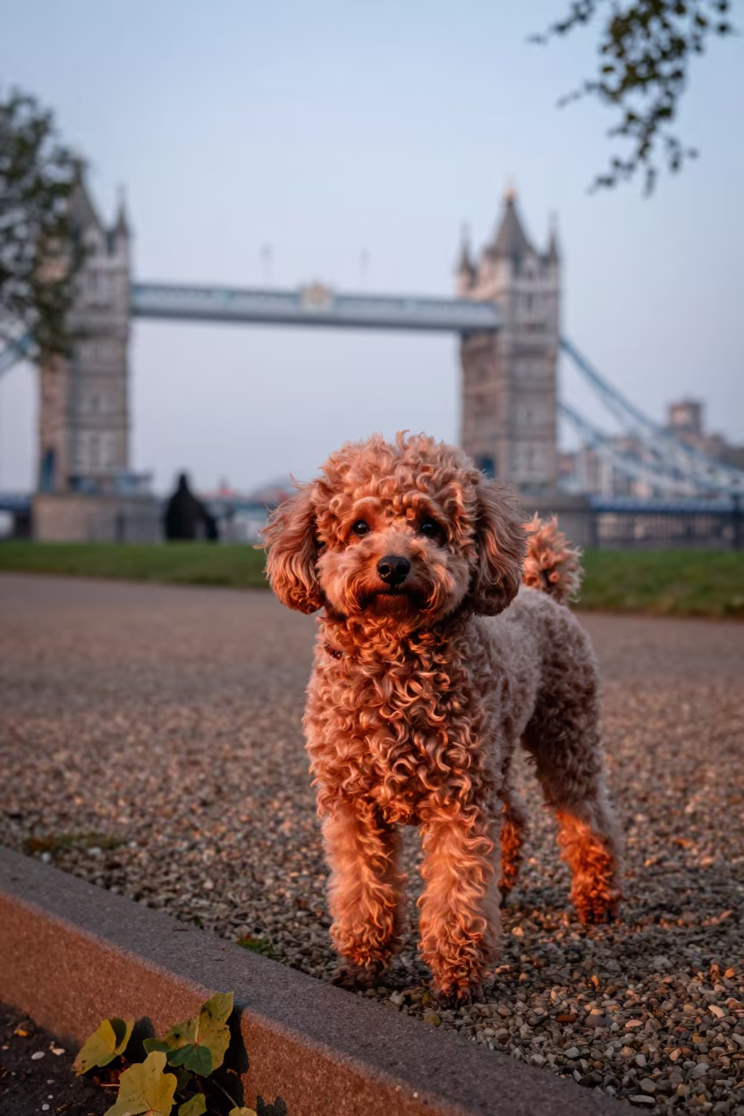 Teacup Poodle Portrait in Shoreditch Dusk Light in along a quiet park path with soft open shade and a clean background in Shoreditch, London