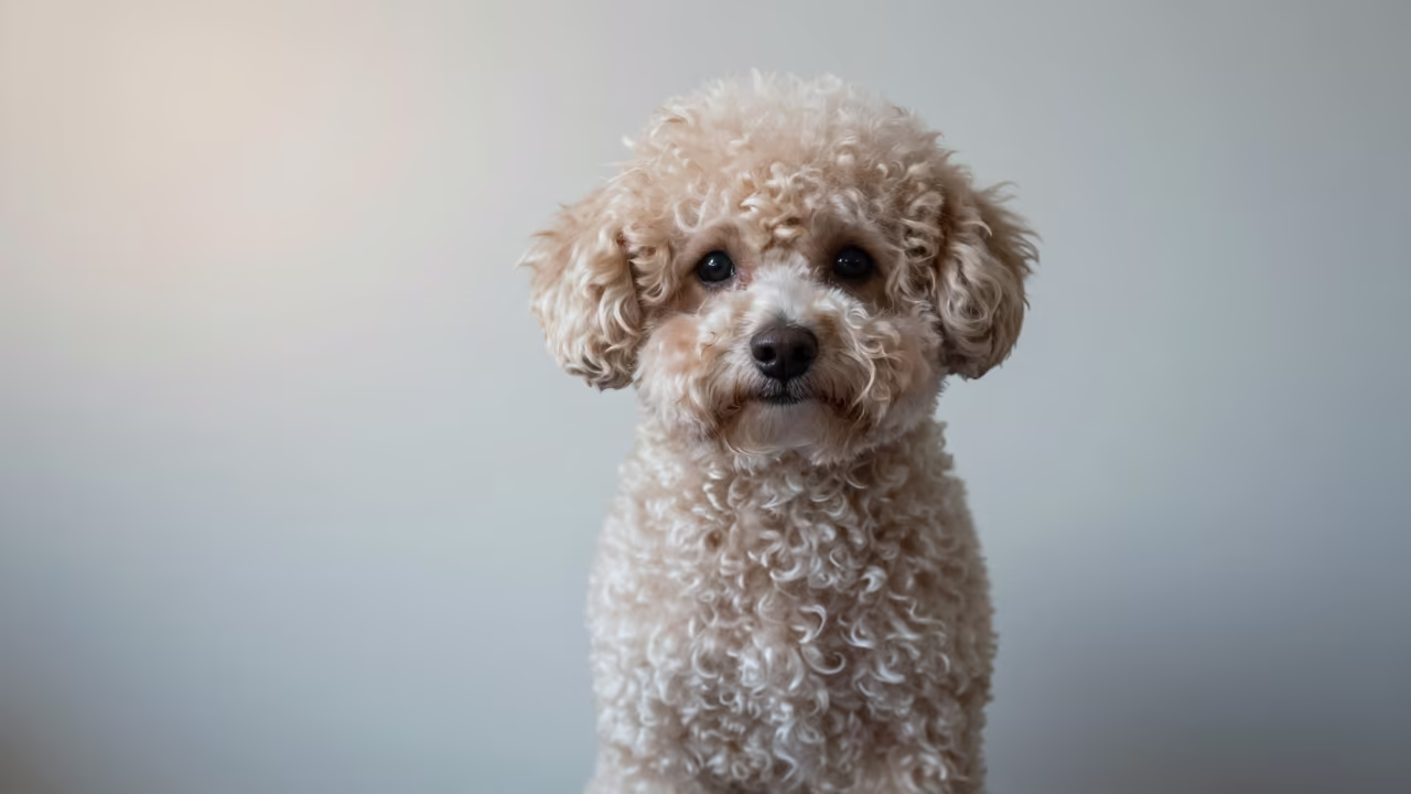 Teacup Poodle Portrait in Soft Bogota Dawn Light in beside a plain plaster wall in soft indoor light with the animal centered in frame in Paloquemao Market, Bogota