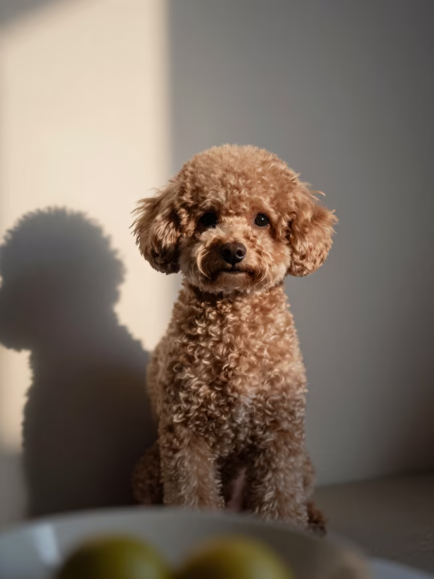 Teacup Poodle Portrait in Soft Dawn Light in beside a plain plaster wall in soft indoor light with the animal centered in frame near Potsdam