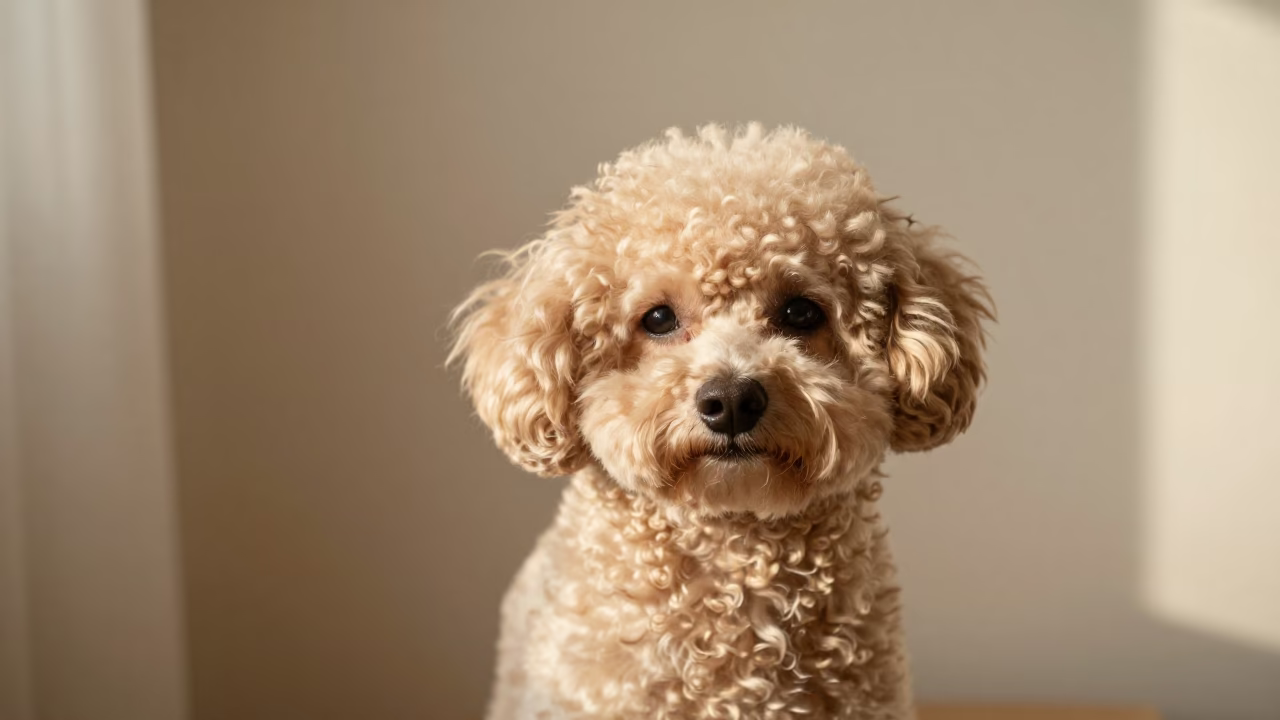 Teacup Poodle Portrait in Soft Late Afternoon Light in beside a plain plaster wall in soft indoor light with the animal centered in frame near 10th of Ramadan