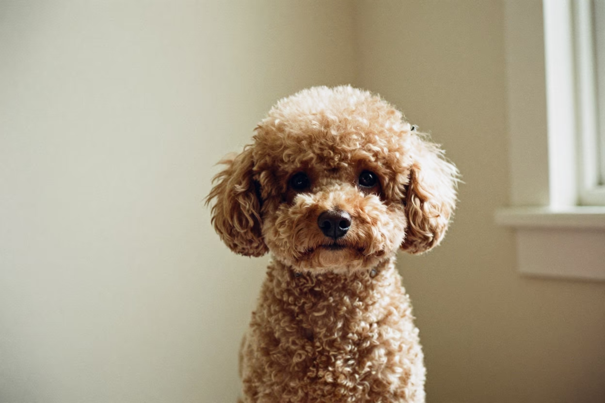 Teacup Poodle Portrait in Soft Santa Cruz Light in beside a plain plaster wall in soft indoor light with the animal centered in frame in Santa Cruz