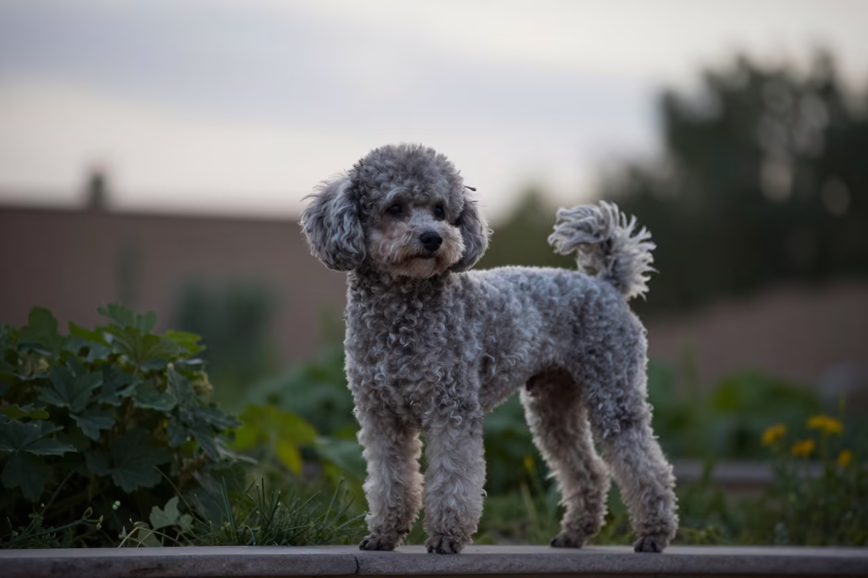 Teacup Poodle Portrait in Tabriz Garden Dawn in near a garden edge with soft morning light and an uncluttered background in Tabriz