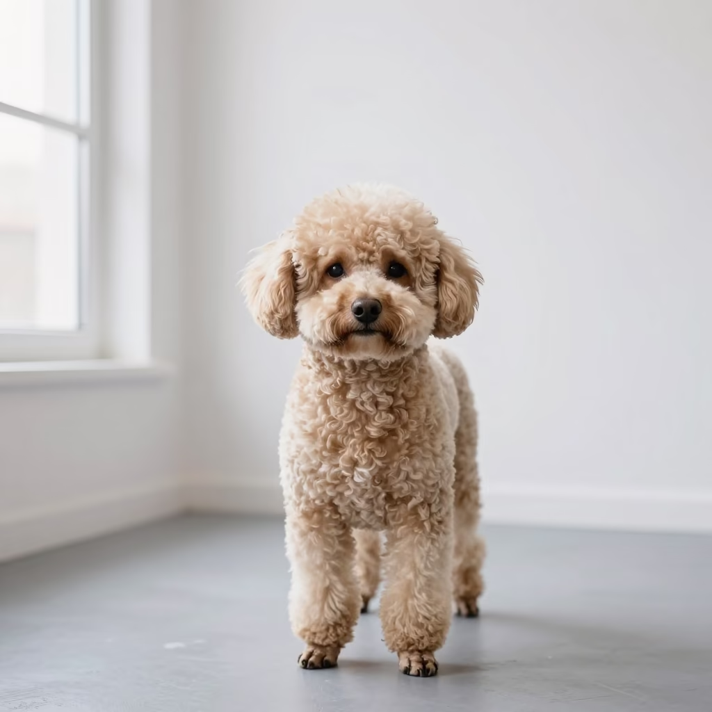 Teacup Poodle Portrait in Tabriz Studio in in a quiet portrait studio with a plain backdrop and eye-level framing in Tabriz