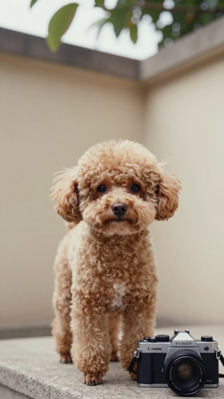 Teacup Poodle Portrait in Taichung Courtyard in beside a plain courtyard wall in clear daylight with the animal at eye level near Taichung