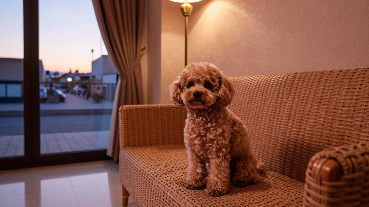 Teacup Poodle Portrait in Temara Living Room in on a sofa near a curtained window with calm indoor light in Temara