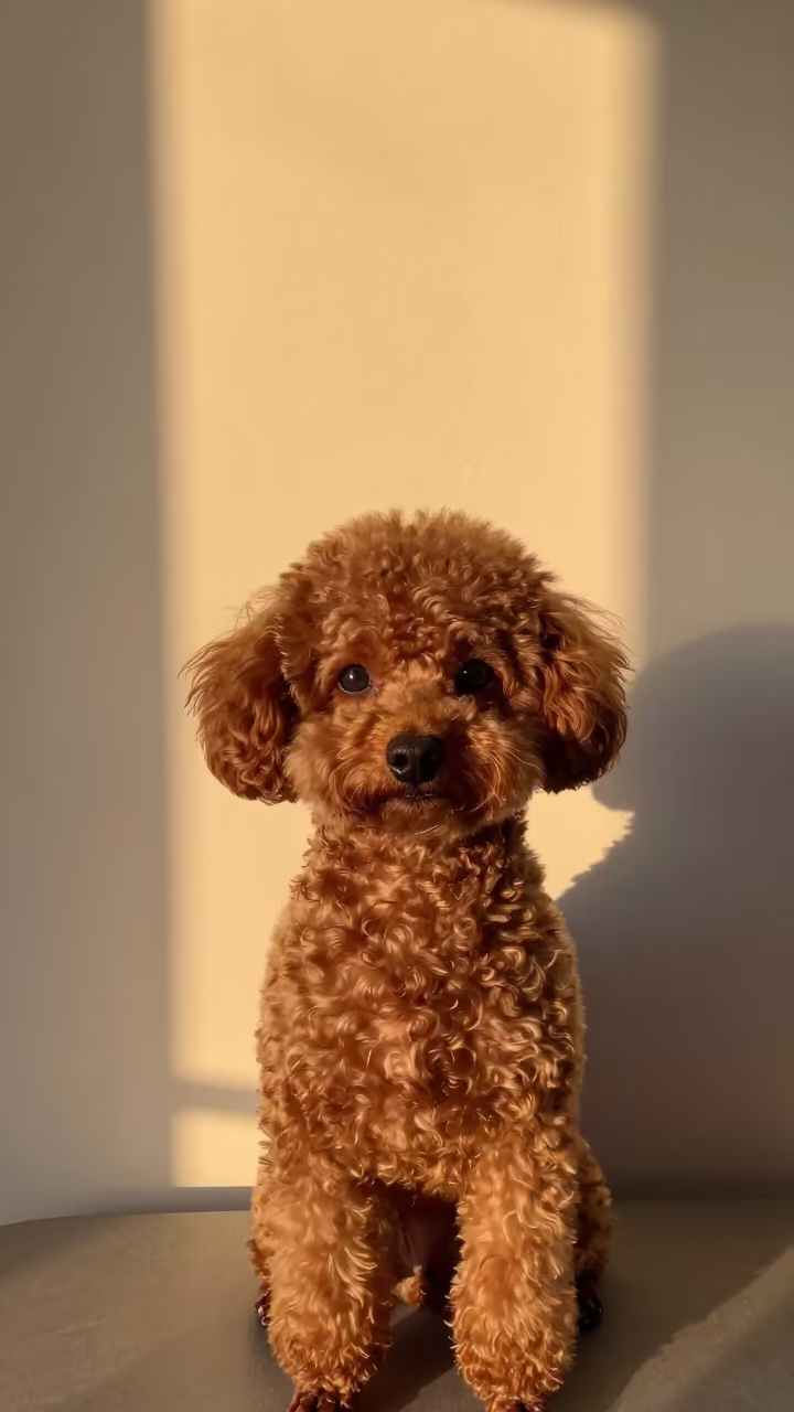 Teacup Poodle Portrait in Warm Indoor Light in beside a plain plaster wall in soft indoor light with the animal centered in frame in Lucknow