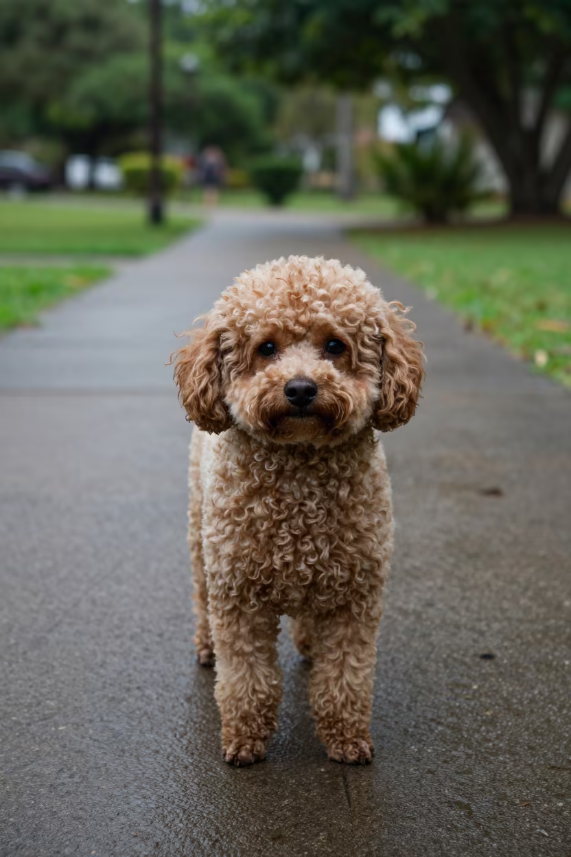 Teacup Poodle Portrait in Wet Season Park in along a quiet park path with soft open shade and a clean background in Isla Margarita