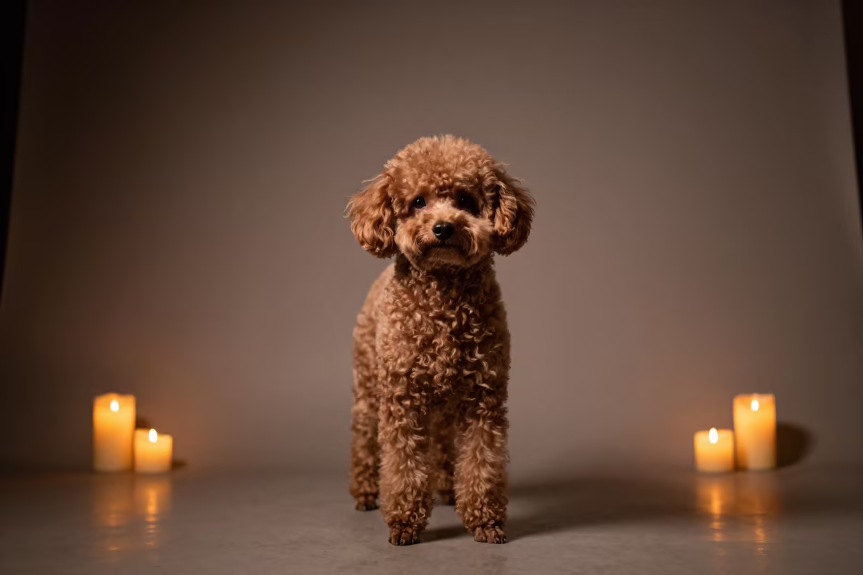 Teacup Poodle Portrait in Winter Candlelight in in a quiet portrait studio with a plain backdrop and eye-level framing in Suzhou
