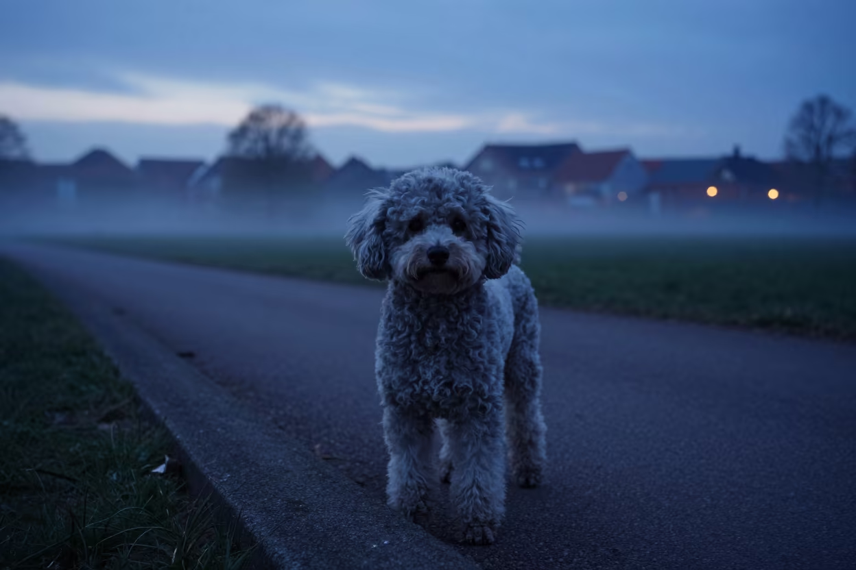 Teacup Poodle Portrait in Winter Mist Twilight in along a quiet park path with soft open shade and a clean background in Odense
