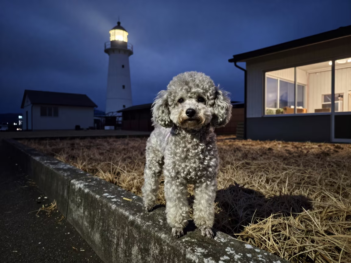 Teacup Poodle Portrait in Winter Night in in a small yard with clipped grass, calm light, and the animal centered in frame near Sendai