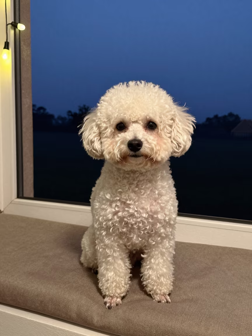 Teacup Poodle Portrait in Yamoussoukro Twilight in on a cushioned window seat with soft side light and an uncluttered background in Yamoussoukro
