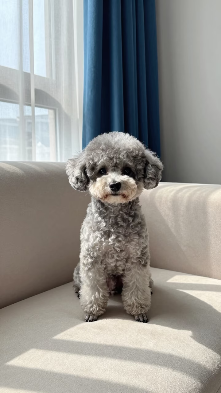 Teacup Poodle Portrait in Zabrze Living Room in on a sofa near a curtained window with calm indoor light in Zabrze