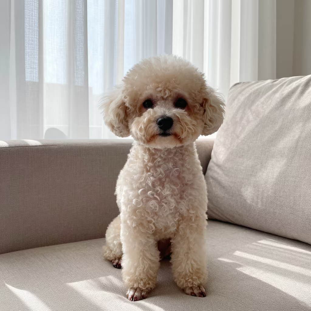 Teacup Poodle Portrait in Zarqa Living Room in on a sofa near a curtained window with calm indoor light in Zarqa