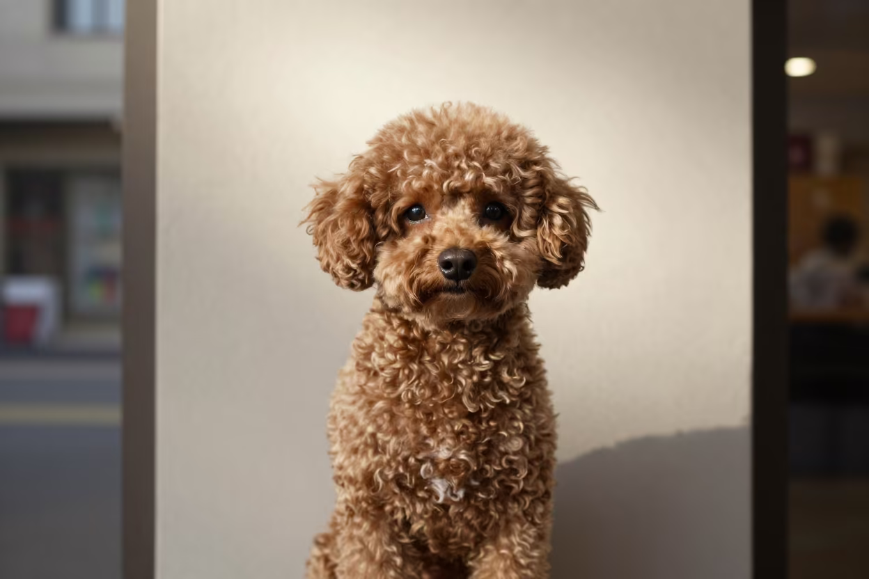 Teacup Poodle Portrait Kano Indoor Light in beside a plain plaster wall in soft indoor light with the animal centered in frame in Kano