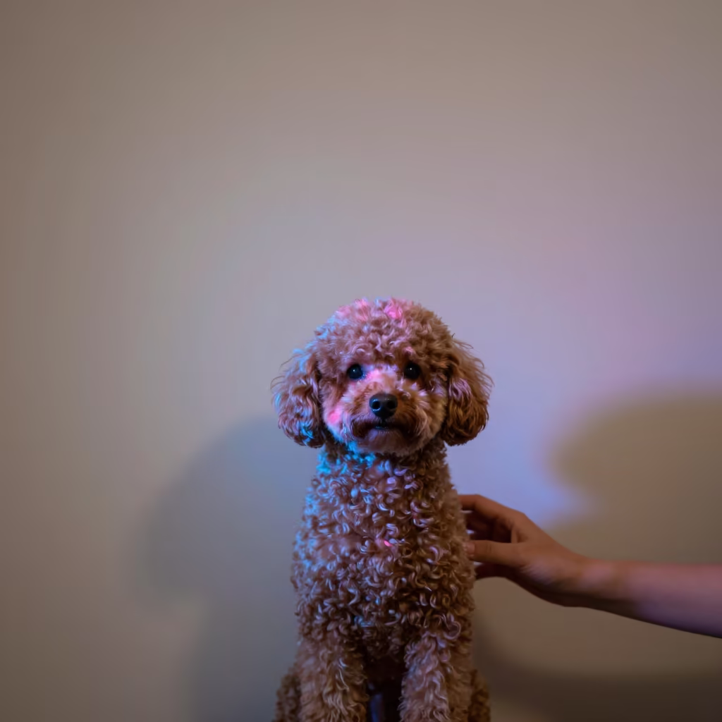 Teacup Poodle Portrait Malaga Indoor Neon Light in beside a plain plaster wall in soft indoor light with the animal centered in frame in Malaga