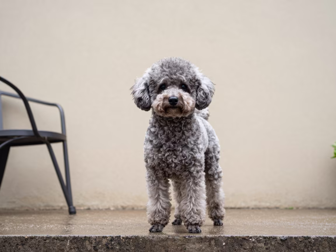 Teacup Poodle Portrait Mary Courtyard Wall in beside a plain courtyard wall in clear daylight with the animal at eye level in Mary