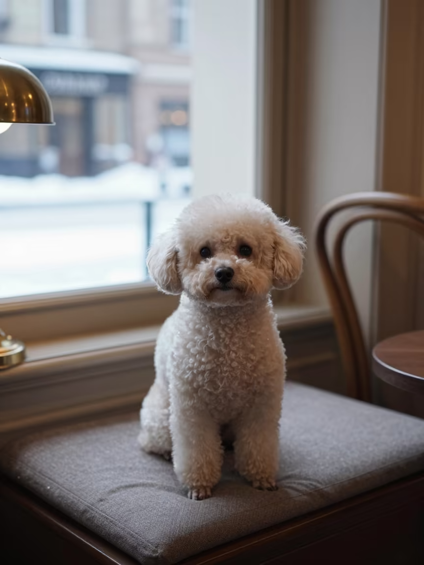 Teacup Poodle Portrait Monaco Window Seat in on a cushioned window seat with soft side light and an uncluttered background near Monaco